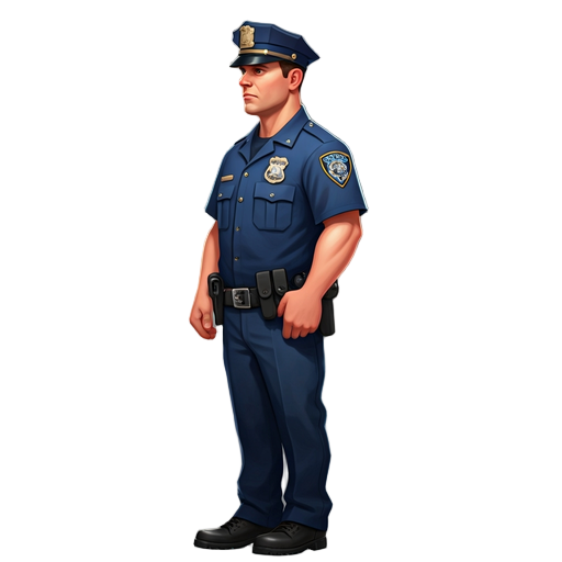 a new york city police officer in full uniform seen from a side profile, standing straight, detailed nypd badge, utility belt, police hat,