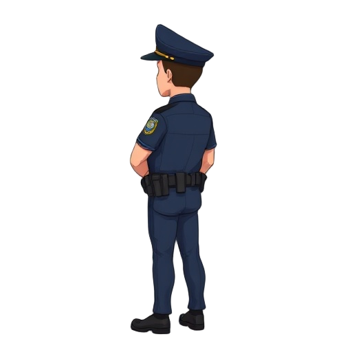 a new york city police officer in full uniform seen from a side profile, standing straight, detailed nypd badge, utility belt, police hat,