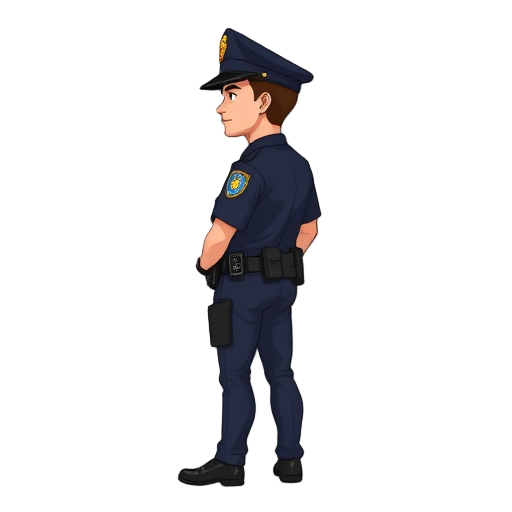 a new york city police officer in full uniform seen from a side profile, standing straight, detailed nypd badge, utility belt, police hat,