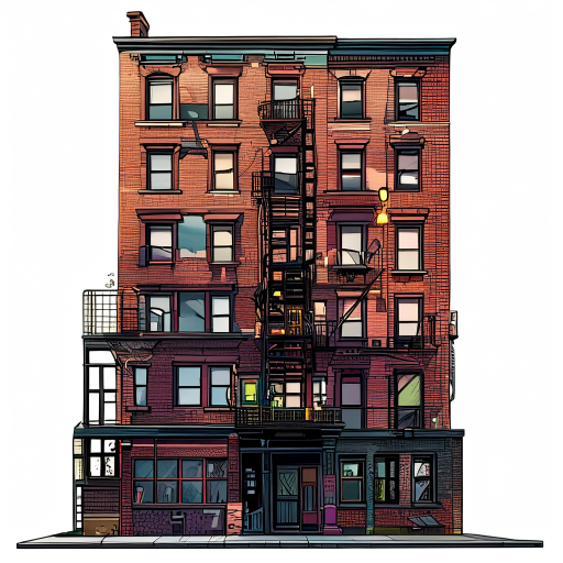 a full frontal view of a new york apartment building, showing detailed brickwork, fire escapes, windows with curtains, and urban texture. american comic style. no background, isolated on transparent background.