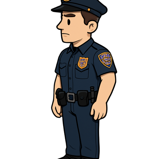 a new york city police officer in full uniform seen from a side profile, standing straight, detailed nypd badge, utility belt, police hat,