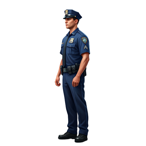 a new york city police officer in full uniform seen from a side profile, standing straight, detailed nypd badge, utility belt, police hat, realistic proportions, full-body view, studio lighting, plain white or transparent background, isolated subject, 4k 