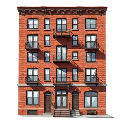a full frontal view of a new york apartment building, showing detailed brickwork, fire escapes, windows with curtains, and urban texture. realistic lighting, daylight scene. no background, isolated on transparent background.