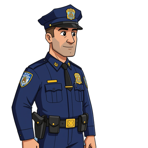 a new york city police officer in full uniform seen from a side profile, standing straight, detailed nypd badge, utility belt, police hat,