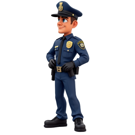 a new york city police officer in full uniform seen from a side profile, standing straight, detailed nypd badge, utility belt, police hat,