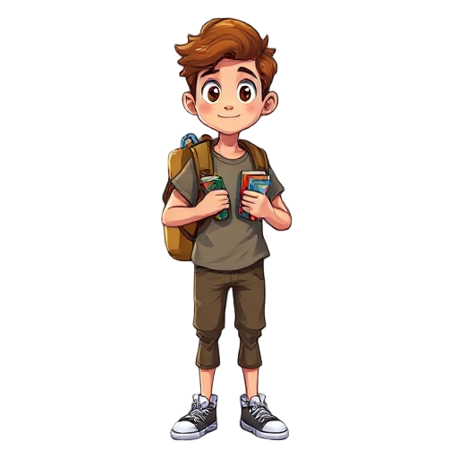 um jovem estudante aventureiro, com cabelo castanho curto e olhar curioso. ele usa uma mochila cheia de livros, veste uma camiseta simples com colete, calças confortáveis e tênis. 