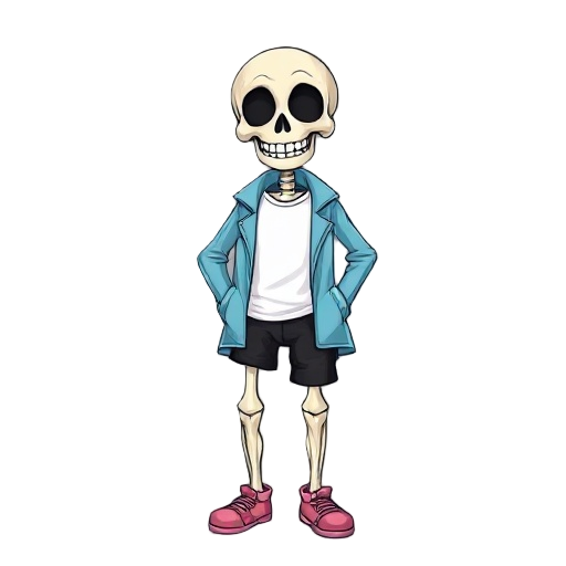 skeleton with a smile, wearing a light blue coat, white t-shirt underneath, black shorts, pink slippers, hands in pockets