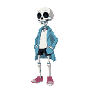 skeleton with a smile, wearing a light blue coat, white t-shirt underneath, black shorts, pink slippers, hands in pockets