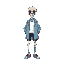skeleton with a smile, wearing a light blue coat, white t-shirt underneath, black shorts, pink slippers, hands in pockets