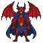 demonio vermelho com um manto azul bem escuro