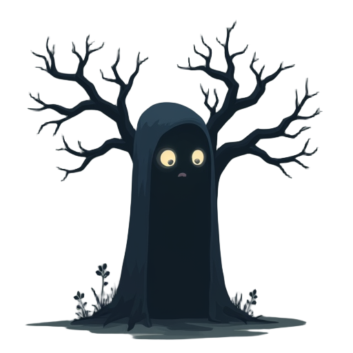 "a dark, shadowy humanoid character, vaguely shaped and blurred at the edges. it looks sorrowful, with a hunched posture and dim glowing eyes that seem to cry light. standing beneath a dead tree in a 