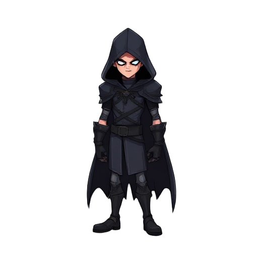 a sober and bloodthirsty character with a dark cape and an unshakable appearance, meant for a multiplayer game.