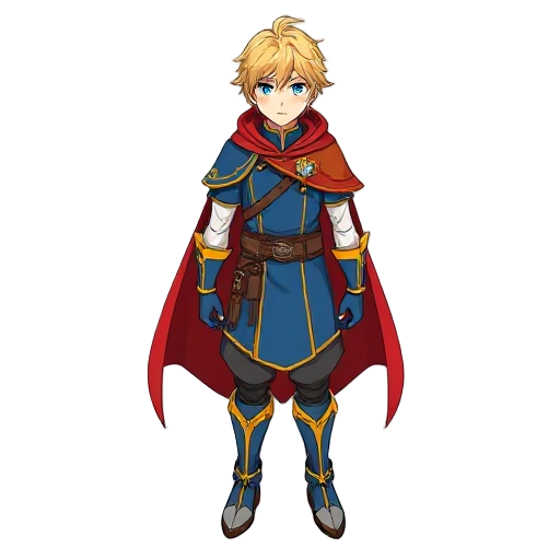 an anime fantasy warrior, blue and yellow clothes with a red cape, blonde hair
