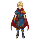 an anime fantasy warrior, blue and yellow clothes with a red cape, blonde hair