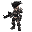 a post-apocalyptic male punk game character who wears leather and metal armor with spikes on her shoulders, a black mohawk, and wields a heavy machine gun