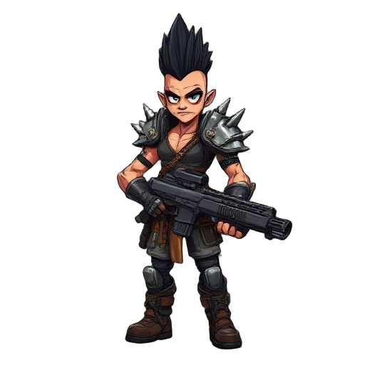 a post-apocalyptic male punk game character who wears leather and metal armor with spikes on her shoulders, a black mohawk, and wields a heavy machine gun