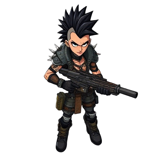 a post-apocalyptic male punk game character who wears leather and metal armor with spikes on her shoulders, a black mohawk, and wields a heavy machine gun