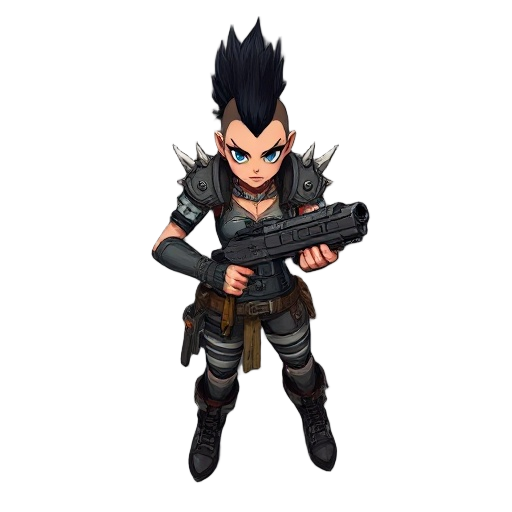 a post-apocalyptic (male) punk game character who wears leather and metal armor with spikes on her shoulders, a black mohawk, and wields a heavy machine gun