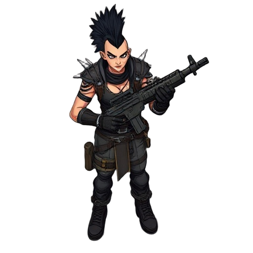 a post-apocalyptic male punk game character who wears leather and metal armor with spikes on her shoulders, a black mohawk, and wields a heavy machine gun