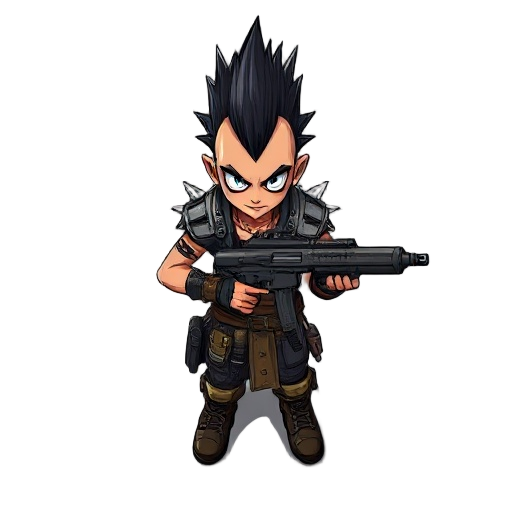 a post-apocalyptic male punk game character who wears leather and metal armor with spikes on her shoulders, a black mohawk, and wields a heavy machine gun