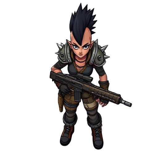 a post-apocalyptic game character who wears leather and metal armor with spikes on her shoulders, a black mohawk, and wields a heavy machine gun.