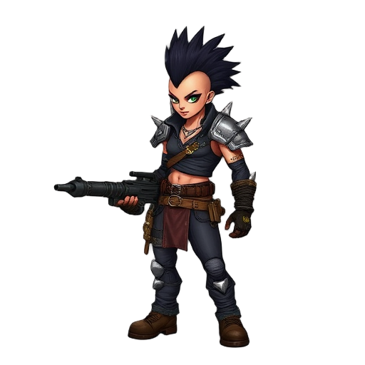 a post-apocalyptic male punk game character who wears leather and metal armor with spikes on her shoulders, a black mohawk, and wields a heavy machine gun
