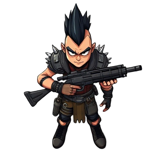 a post-apocalyptic male punk game character who wears leather and metal armor with spikes on her shoulders, a black mohawk, and wields a heavy machine gun.