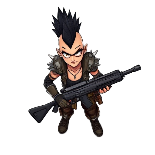 a post-apocalyptic male punk game character who wears leather and metal armor with spikes on her shoulders, a black mohawk, and wields a heavy machine gun