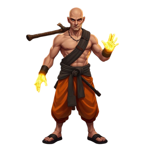 a 2d 64 bits character of a monk with glowing hands, medium muscular build, bald, shirtless, wearing loose orange monk pants and black slippers. he carries a wooden staff strapped to his back. the style is detailed and semi-realistic, with strong lighting