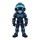 crie um personagem inspirado na samus com capacete  tendo uma armadura espacial banca detalhes preto e azul capacete com visor azul