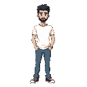 create a pokemon style. caucasian man with short beard black hair white t-shirt and jeans