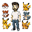 create a pokemon style. caucasian man with short beard black hair white t-shirt and jeans