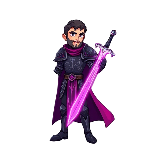 magenta, a male knight and mage. he wears sleek, dark steel armor with glowing arcane (magenta/purple) runes etched into it. his weapon is a glowing, elegant longsword with a magical aura. one hand holds the sword, the other is slightly raised as if casti