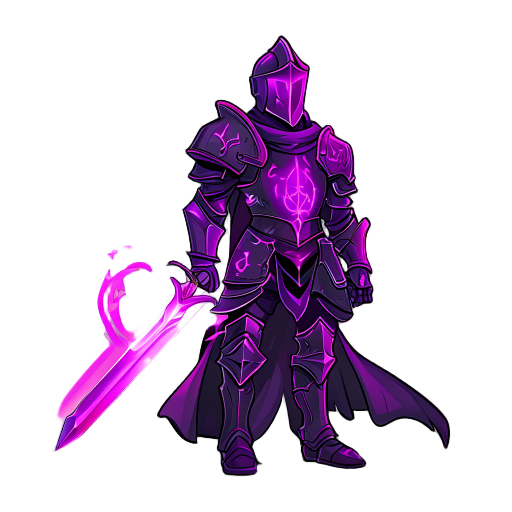 magenta, a male knight and mage. he wears sleek, dark steel armor with glowing arcane (magenta/purple) runes etched into it. his weapon is a glowing, elegant longsword with a magical aura. one hand holds the sword, the other is slightly raised as if casti