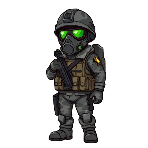 hecu grunt soldier from the half-life video game series. the soldier should wear the iconic grey urban camouflage mixed with black things too uniform, including a gas mask with green-tinted lenses, a grey urban cammo helmet, and tactical gear such as a ve