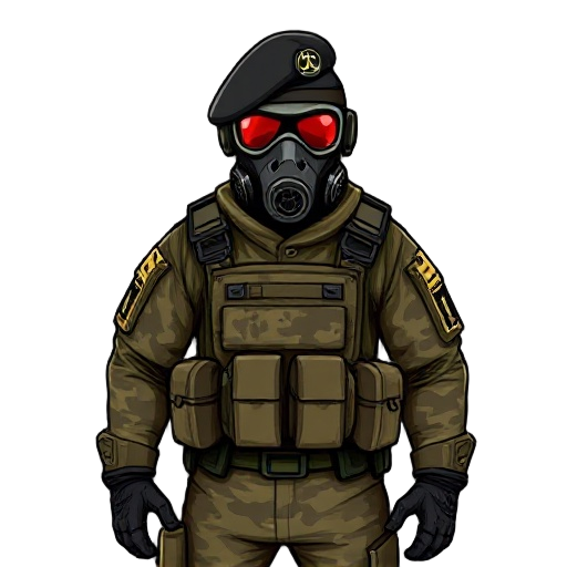 create a highly detailed and accurate depiction of a hecu grunt soldier from the half-life video game series. th. the soldier should wear the iconic urban camouflage uniform, including a gas mask with red-tinted lenses, a black beret, and tactical gear su