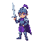 flashback art style young knight with a sword. color variant of blue and violet