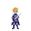 flashback art style of a normal human teenage young knight, no helmet, yellow typer fade haircut, with a sword. color variant of blue and violet