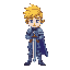 flashback art style young knight, no helmet, yellow arthur hair,  with a sword. color variant of blue and violet