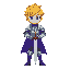 flashback art style of a normal human teenage young knight, no helmet, yellow arthur hair, with a sword. color variant of blue and violet