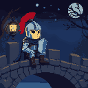 create a pixel art scene featuring a knight in shining armor sitting on a stone bridge at night. the knight wears a red plume on his helmet and a dark blue cape. beside him, there’s a glowing lantern,