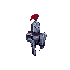 create a pixel art scene featuring a knight in shining armor sitting on a stone bridge at night. the knight wears a red plume on his helmet and a dark blue cape. beside him, there’s a glowing lantern,
