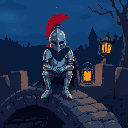 create a pixel art scene featuring a knight in shining armor sitting on a stone bridge at night. the knight wears a red plume on his helmet and a dark blue cape. beside him, there’s a glowing lantern,