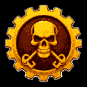 golden gear emblem with a dark brown center, featuring a skull over crossed golden keys. small golden cogs above and below add a steampunk vibe