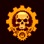 golden gear emblem with a dark brown center, featuring a skull over crossed golden keys. small golden cogs above and below add a steampunk vibe