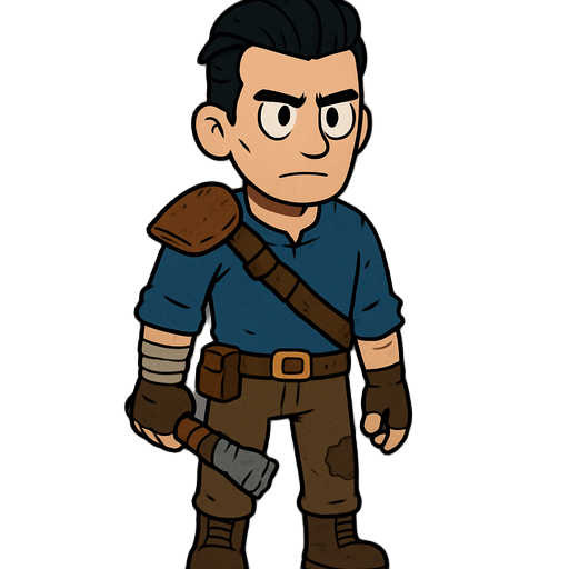 post apocalyptic male with slick back black hair and blue shirt and brown pants