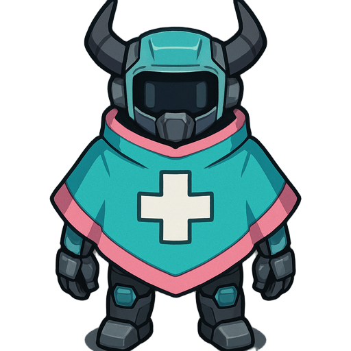 sci-fi/robotic look and horns. the character wears a large, cyan-pink poncho with a cross symbol on the back, suggesting a healer or medic role. the character has a robotic f