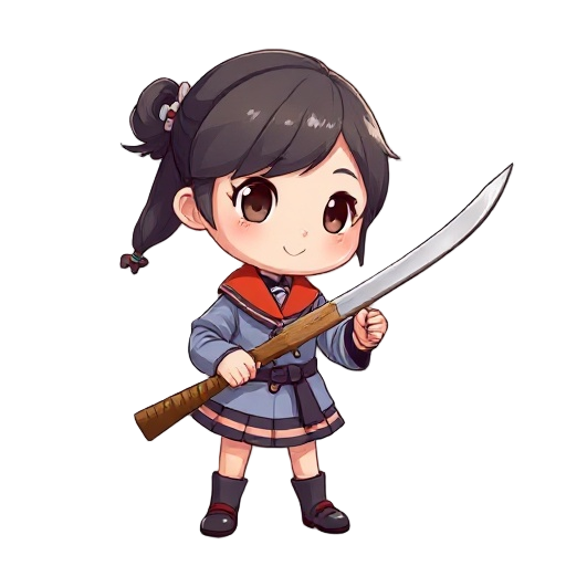 schoolgirl having sword made by wood, wear korean school uniform 