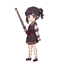 girl in korean school uniform. holding a wooden sword. viewed from the side. pixel painting.