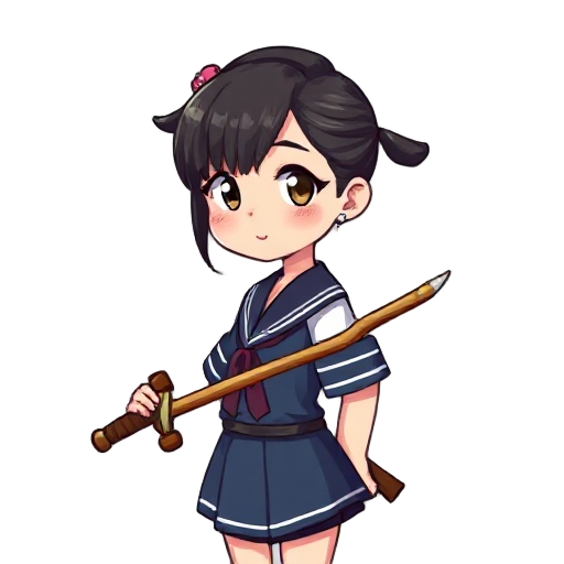 girl in korean school uniform. holding a wooden sword. viewed from the side. pixel painting.